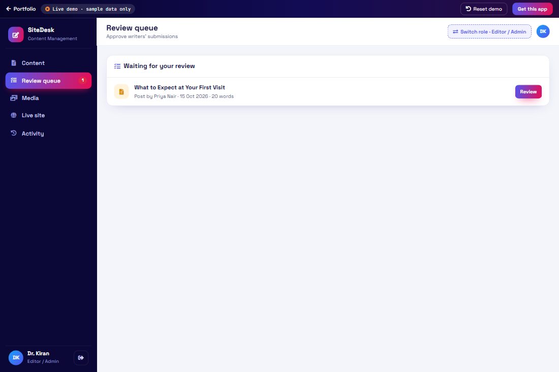 Content Management (CMS) demo screen