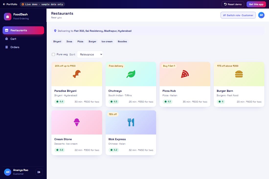 Online Food Ordering demo screen
