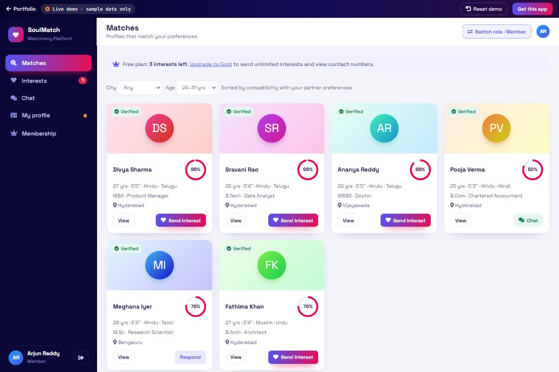 Matrimony Platform demo screen