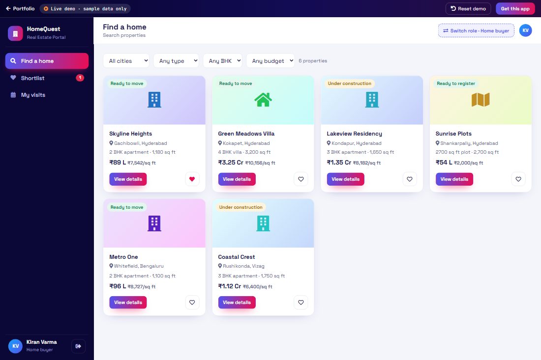Real Estate Portal demo screen