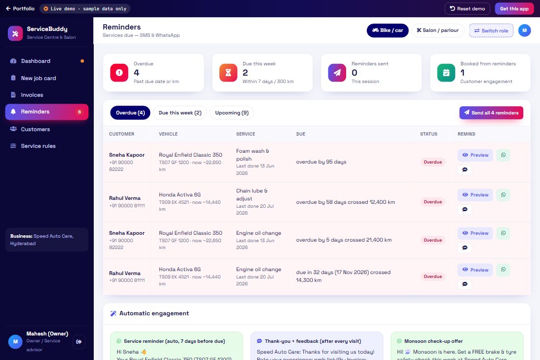 Service Centre & Salon demo screen