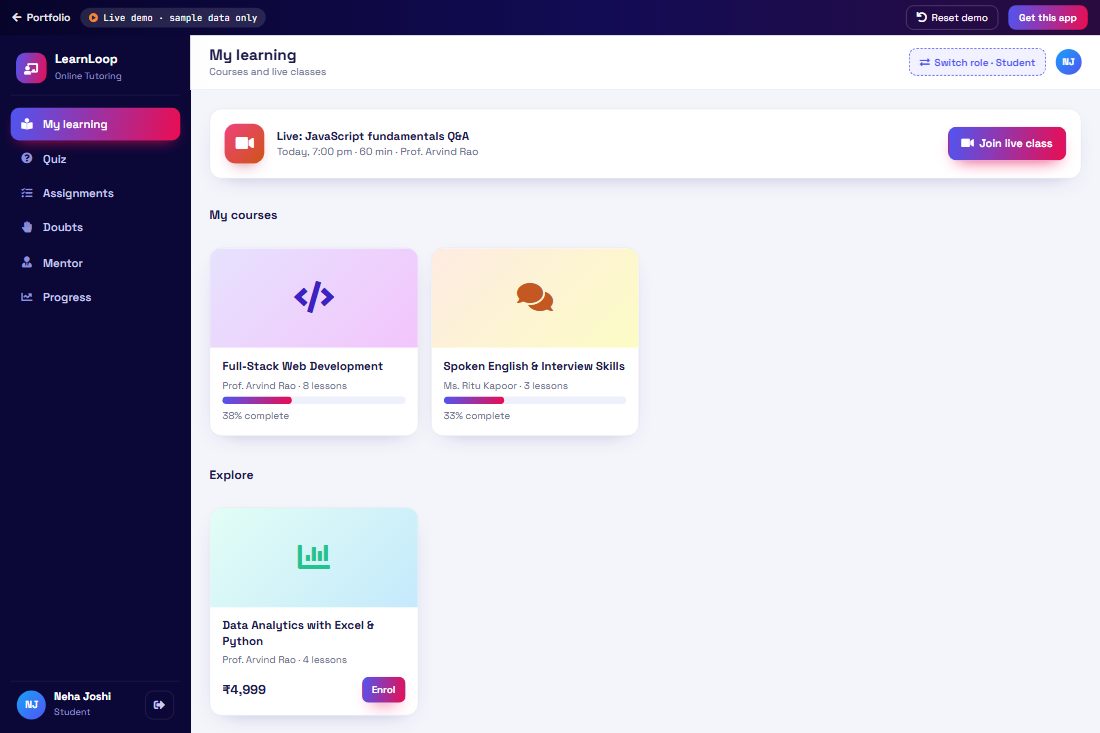 Online Tutoring demo screen